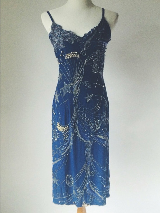 Dresses & Skirts - Vintage midnight blue beaded starry sky dress